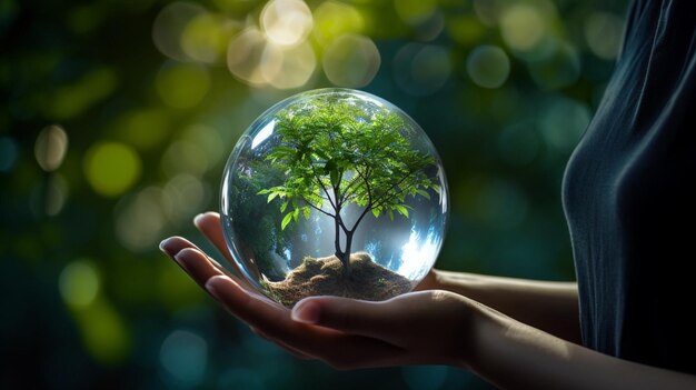 Foto hand, die eine glaskugel mit einem baum im naturumweltkonzept hält