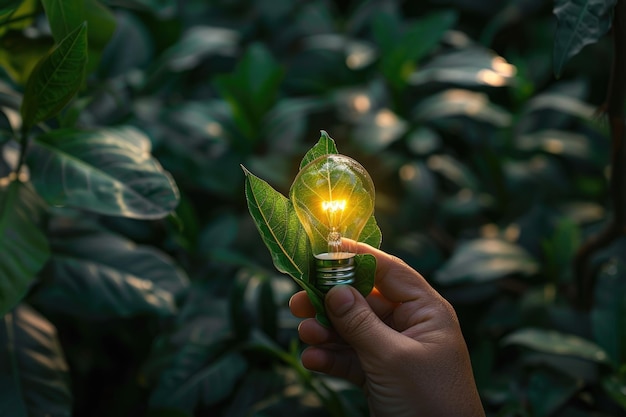 Hand, die eine Glühbirne auf einem grünen Blatt mit Energie-Ikonen hält