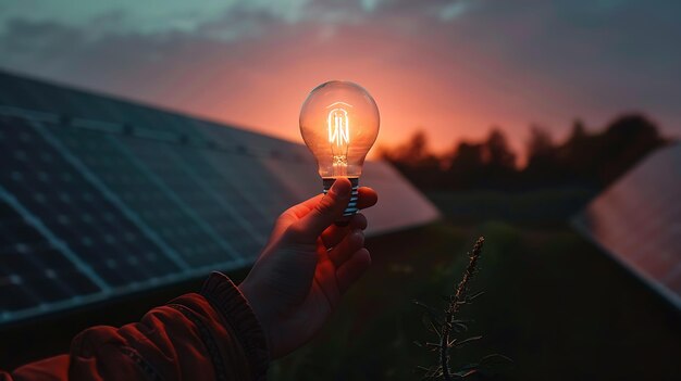 Hand, die eine Glühbirne mit einem Solarpanel im Hintergrund hält