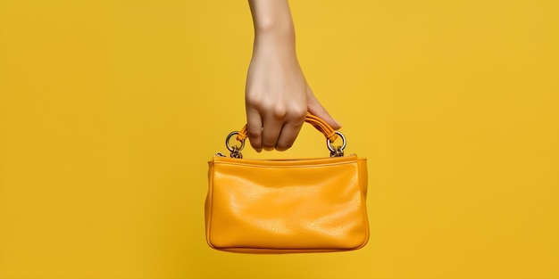 Foto hand, die eine lederhandtasche auf einem gelben hintergrund hält