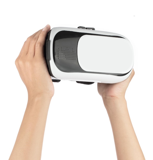 Hand, die eine realistische VR-Kamera hält, die auf einem weißen Hintergrund isoliert ist.