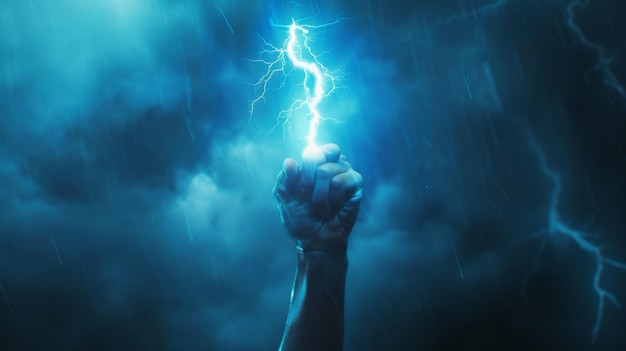 Foto hand, die einen blitz hält energie und kraft stürmischer hintergrund blauer glanz zeus thor