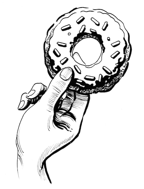 Hand, die einen Donut hält. Tinte Schwarz-Weiß-Zeichnung