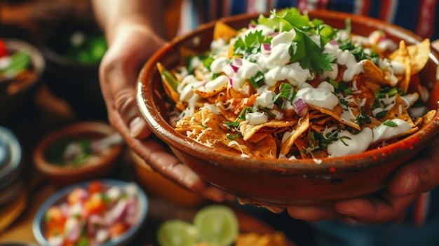 Hand, die einen mexikanischen Chilaquiles hält