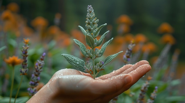 Foto hand, die einen zweig lavendel hält und ruhe hervorruft