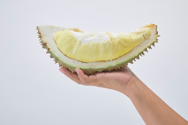 Hand, die frischen Schnitt Durian hält