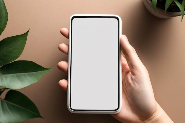 Hand, die Handy und leeren Bildschirm für Mockup-Vorlage mit ästhetischem Hintergrund hält