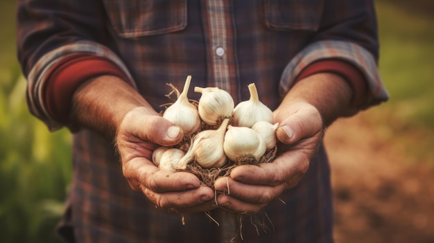 Foto hand, die knoblauch auf dem ackerfeld hält