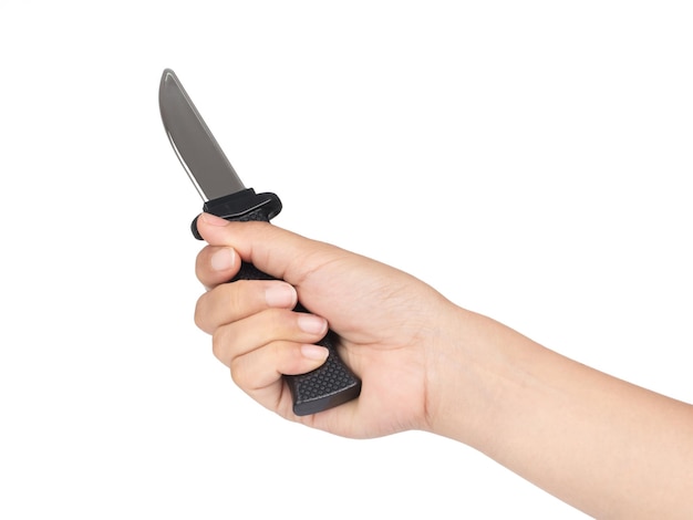 Hand, die Messerspielzeug lokalisiert auf weißem Hintergrund hält