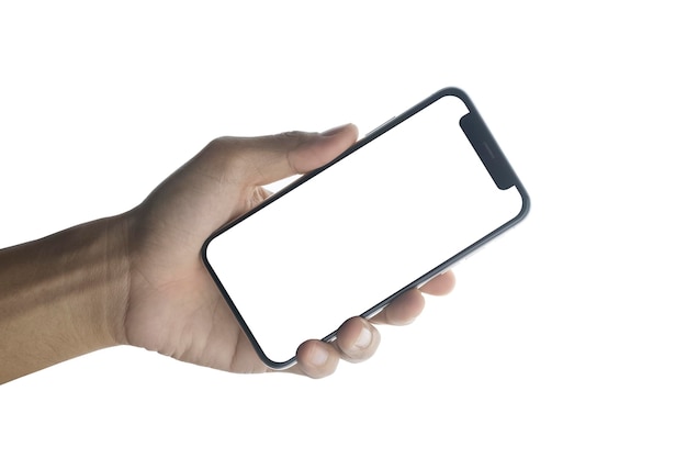 Hand, die Mobiltelefon auf weißer Hintergrundtechnologie hält Handy-Bildschirm-Mockup-Design auf Isolat mit Beschneidungspfad