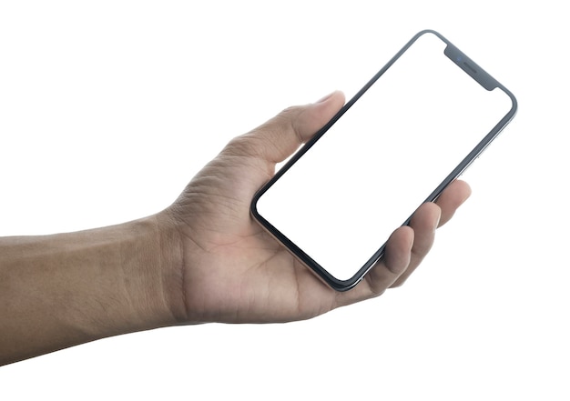 Hand, die Mobiltelefon auf weißer Hintergrundtechnologie hält Handy-Bildschirm-Mockup-Design auf Isolat mit Beschneidungspfad