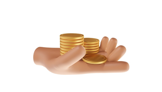 Hand, die Münzstapel hält. Geldsparend, Online-Zahlung und Zahlungskonzept. 3D-Darstellung