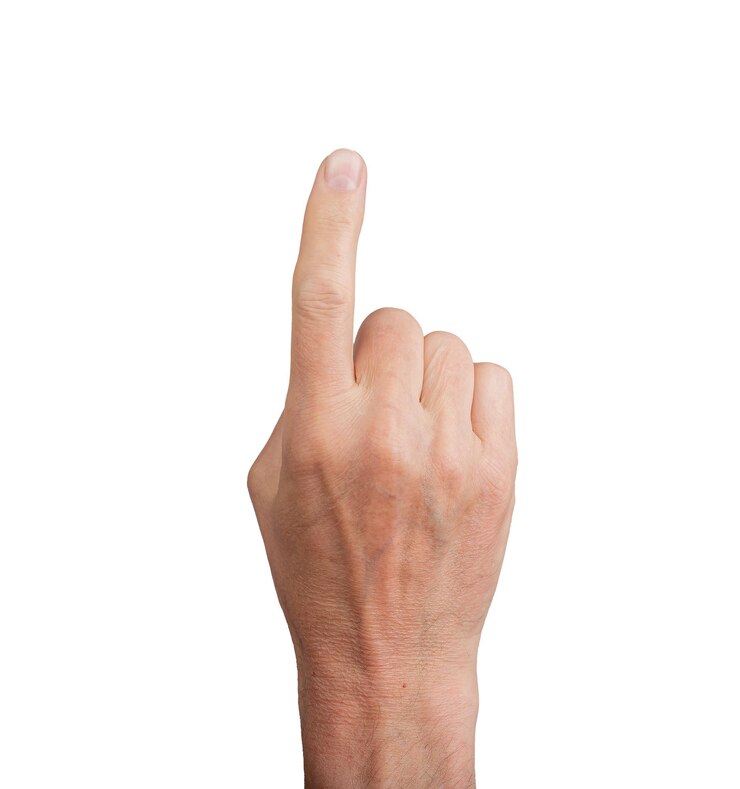 Foto hand, die nach oben zeigt, mit dem zeigefinger auf dem weißen isoliert geste, die berührung oder auswahl ideal anzeigt