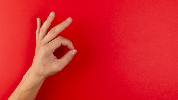 Hand, die okayzeichen auf rotem Hintergrund zeigt