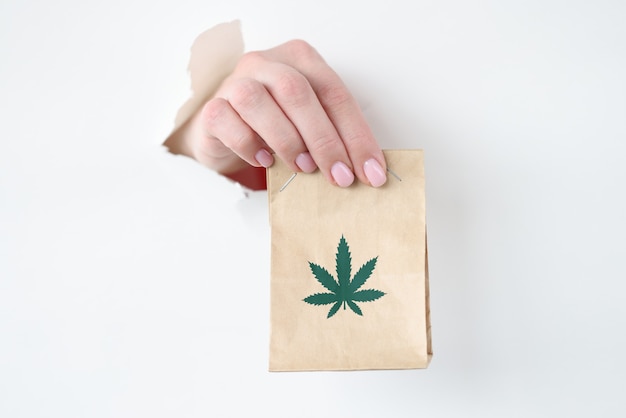 Hand, die Papiertüte Marihuana aus zerrissenem Papier herauszieht