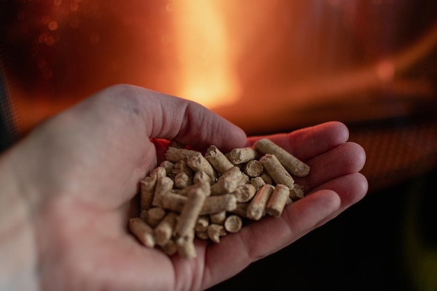 Foto hand, die pellets vor dem glas eines ofens mit einer schönen flamme hält