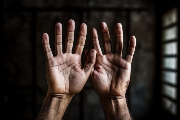 Hand, die sich von hinter den Barren ausstreckt, trostloser Hintergrund mit leerem Platz für Text