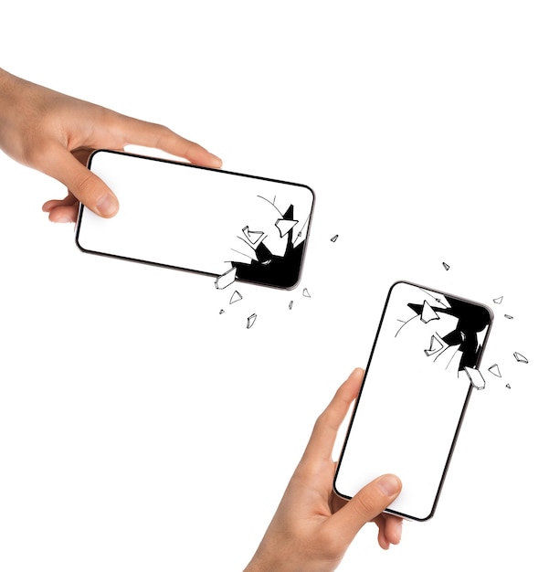 Hand, die Smartphone-Modell mit zerbrochenem gebrochenem Bildschirm hält