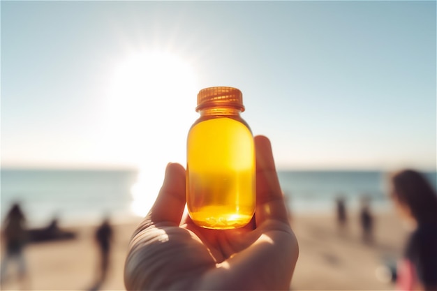 Hand, die Sonnenschutzöl oder ein Glas Sonnenschutzmittel am Strand mit Sonnenstrahlen und Sand hält