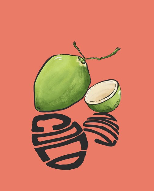 Foto hand drawn vector illustration of a coconut fruit with a shadow of the name of the fruit