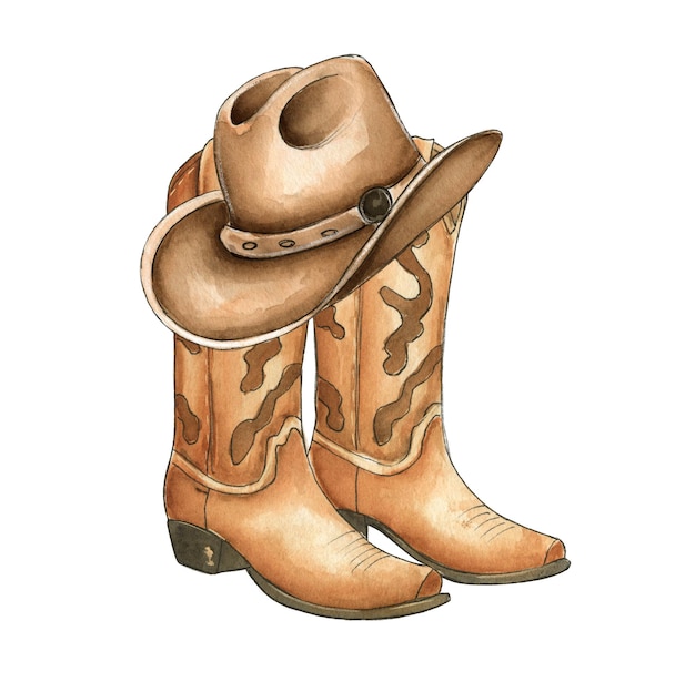 Hand Drawn Watercolor Cowboy Hat and Boots Set Isolated