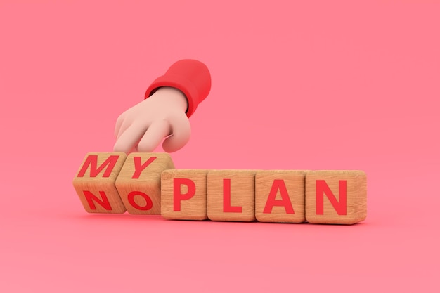 Foto hand dreht einen würfel und ändert den ausdruck myplan in noplan