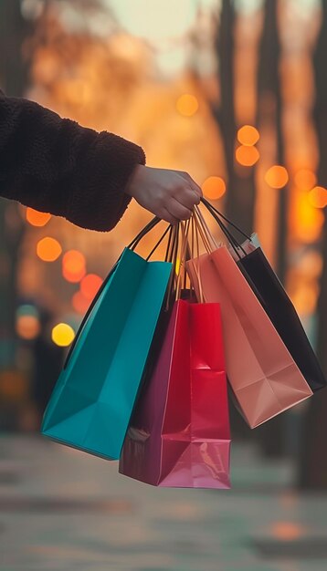 Foto hand eines jungen mannes mit papiertüten mit einkäufen bei sonnenuntergang junge mann nach dem herbst-shopping konsumismus shopping black friday sales lifestyle-konzept