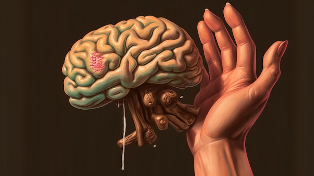Hand ergreift ein menschliches Gehirn voller Ideen. Generative KI