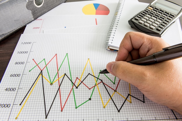 Hand, Finanzdiagramme, Taschenrechner, Dokumentdatei, Stift auf dem Tisch