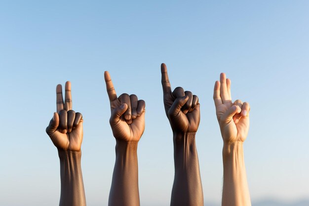 Foto hand fist of people rising up on sky background criado com ia gerativa