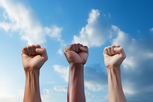 Foto hand fist of people rising up on sky background criado com ia gerativa