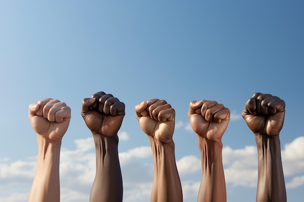 Foto hand fist of people rising up on sky background criado com ia gerativa