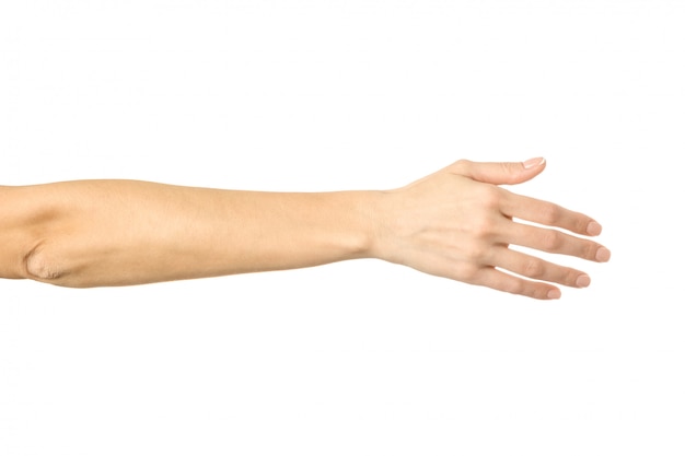 Hand geben für Handschlag. Frauenhand gestikuliert lokalisiert auf Weiß
