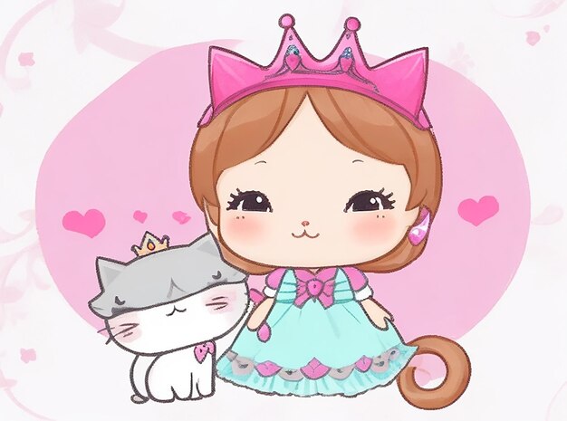 Hand gezeichnete niedliche kleine Prinzessin und Kitty Charakter