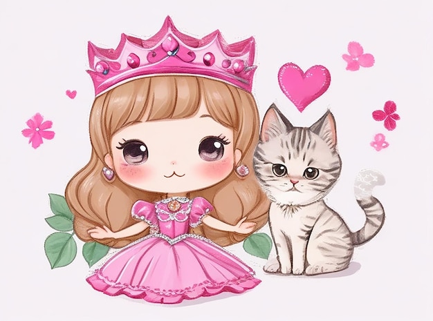 Hand gezeichnete niedliche kleine Prinzessin und Kitty Charakter