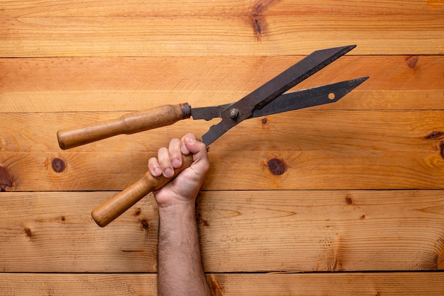 Hand greifende Grasschere auf hellem Holzhintergrund Tag der Arbeit