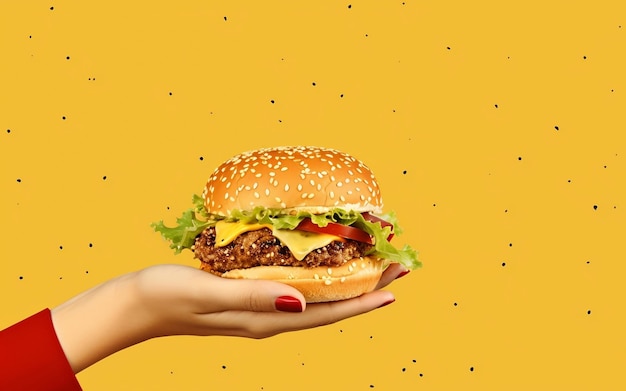 Hand hält Burger-Fotostudio-Essensmodell mit gelbem Hintergrund