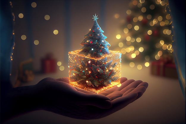 Hand hält ein Geschenk Es gibt einen Weihnachtsbaum, der im Hintergrund mit Lichtern geschmückt ist