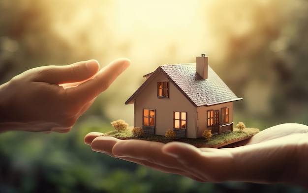 Hand hält ein Hausmodell Immobilien-Hintergrund