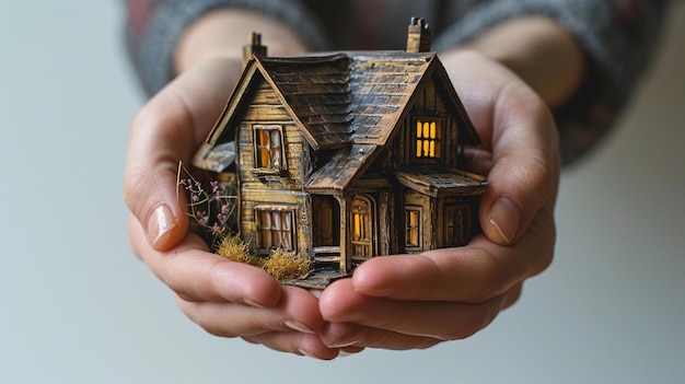 Hand hält ein minimalistisches Haus Miniatur Traumhaus Konzept
