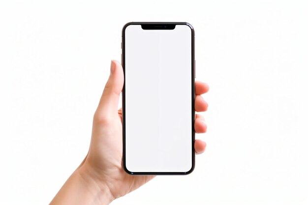Hand hält ein schwarzes Mobiltelefon isoliert auf weißem Hintergrund
