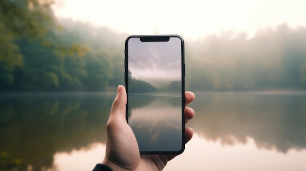 Hand hält ein Smartphone, das die Reflexion eines ruhigen nebligen Sees und Bäumen aufnimmt und die reale Sicht mit dem digitalen Display auf dem Bildschirm vermischt