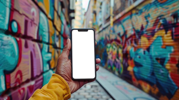 Hand hält ein Smartphone mit einem leeren Bildschirm vor einem bunten Graffiti-Hintergrund, der städtische Straßenkunst hervorhebt