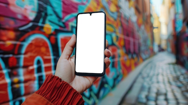 Hand hält ein Smartphone mit einem leeren Bildschirm vor einem bunten Graffiti-Hintergrund, der städtische Straßenkunst hervorhebt