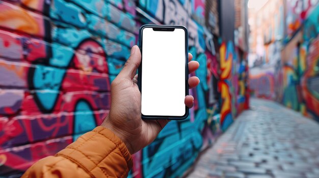 Hand hält ein Smartphone mit einem leeren Bildschirm vor einem bunten Graffiti-Hintergrund, der städtische Straßenkunst hervorhebt