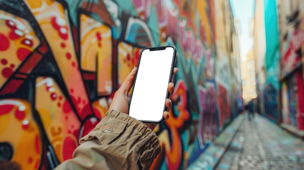 Hand hält ein Smartphone mit einem leeren Bildschirm vor einem bunten Graffiti-Hintergrund, der städtische Straßenkunst hervorhebt