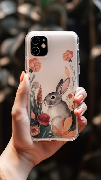 Hand hält eine iPhone-14-Pro-Max-Hülle, ein stehendes Kaninchen hält eine Tulpe und erzeugt eine Ai