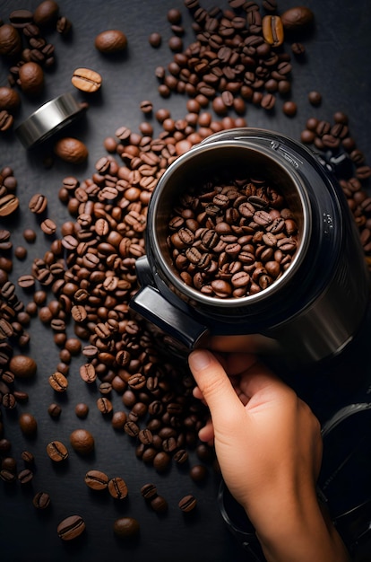 Hand hält eine Kaffeebohnenmühle mit filmischer Beleuchtung Porträt von oben 01