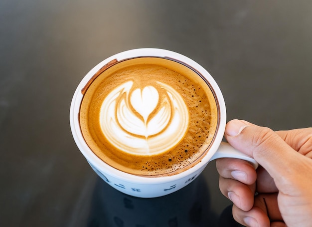 Hand hält eine Latte-Kaffeetasse Internationaler Kaffeetag