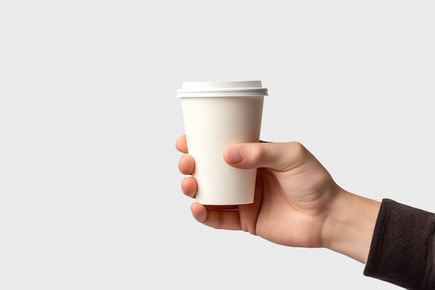 Hand hält eine leere Kaffeetasse zum Mitnehmen im Modellstil AI Generated